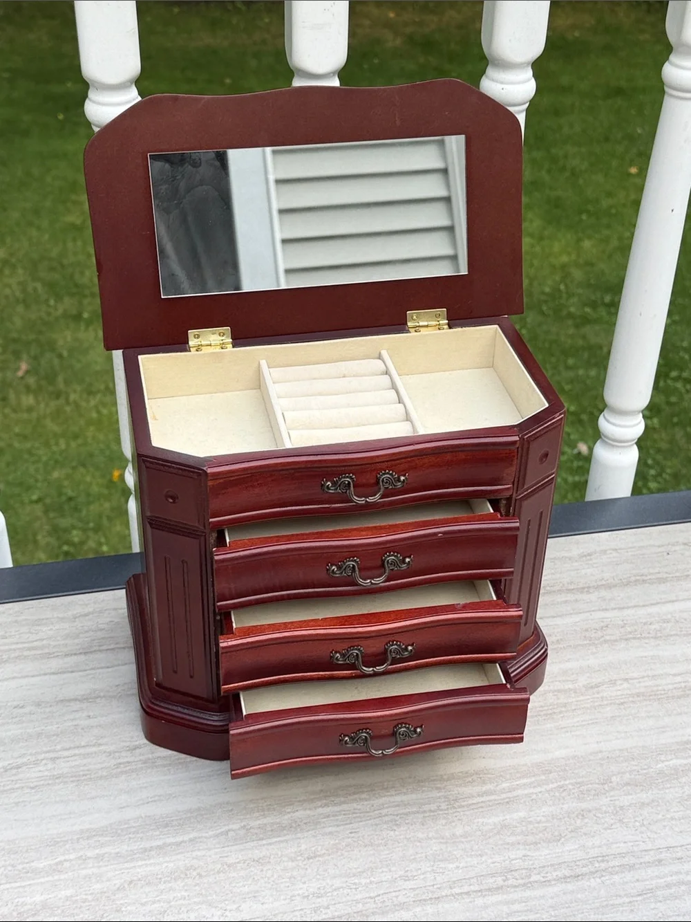 Vintage Wood Finish Red Jewelry Organizer Chest with Antique Brass Handles